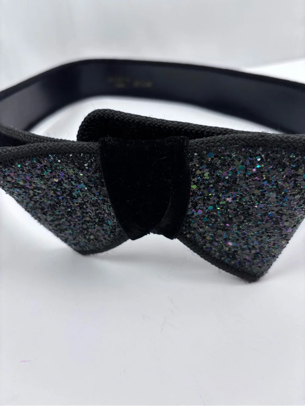 Vintage Black Velvet Glitter Bow Belt Made in USA Retro Statement Waist Belt M
